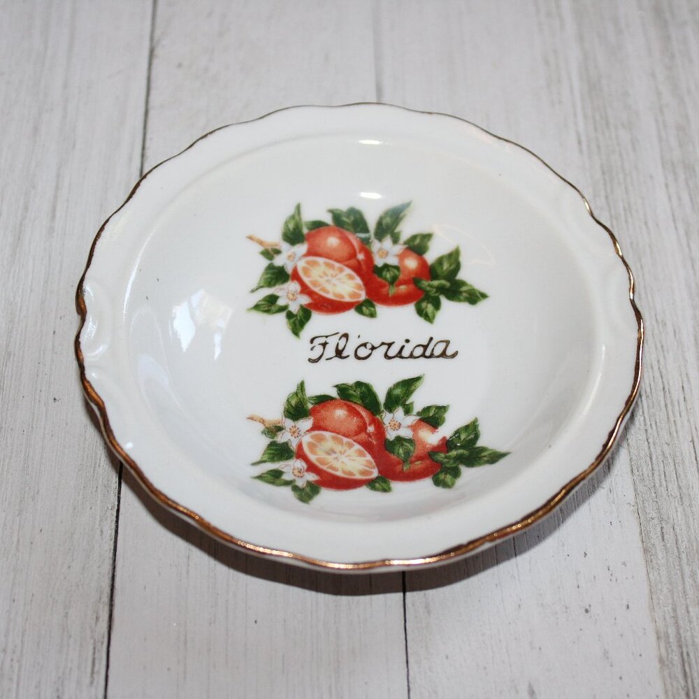 Florida Vtg Porcelain 4.5" Small Change Bowl Porcelain Embossed Oranges Gold Rim
